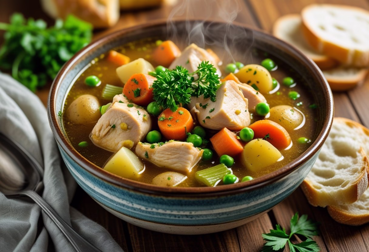 A bowl of homemade chicken stew with chicken pieces, carrots, potatoes, peas, and fresh parsley garnish